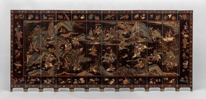 A Twelve-Panelled Kangxi Lacquer Screen with a Dutch Hunting Scene